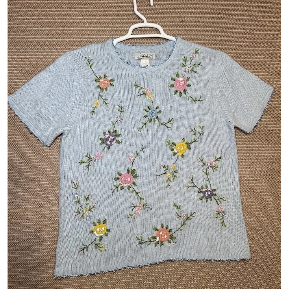 vintage Haband Size S Light Blue 1990s floral embroidered short sleeve sweater